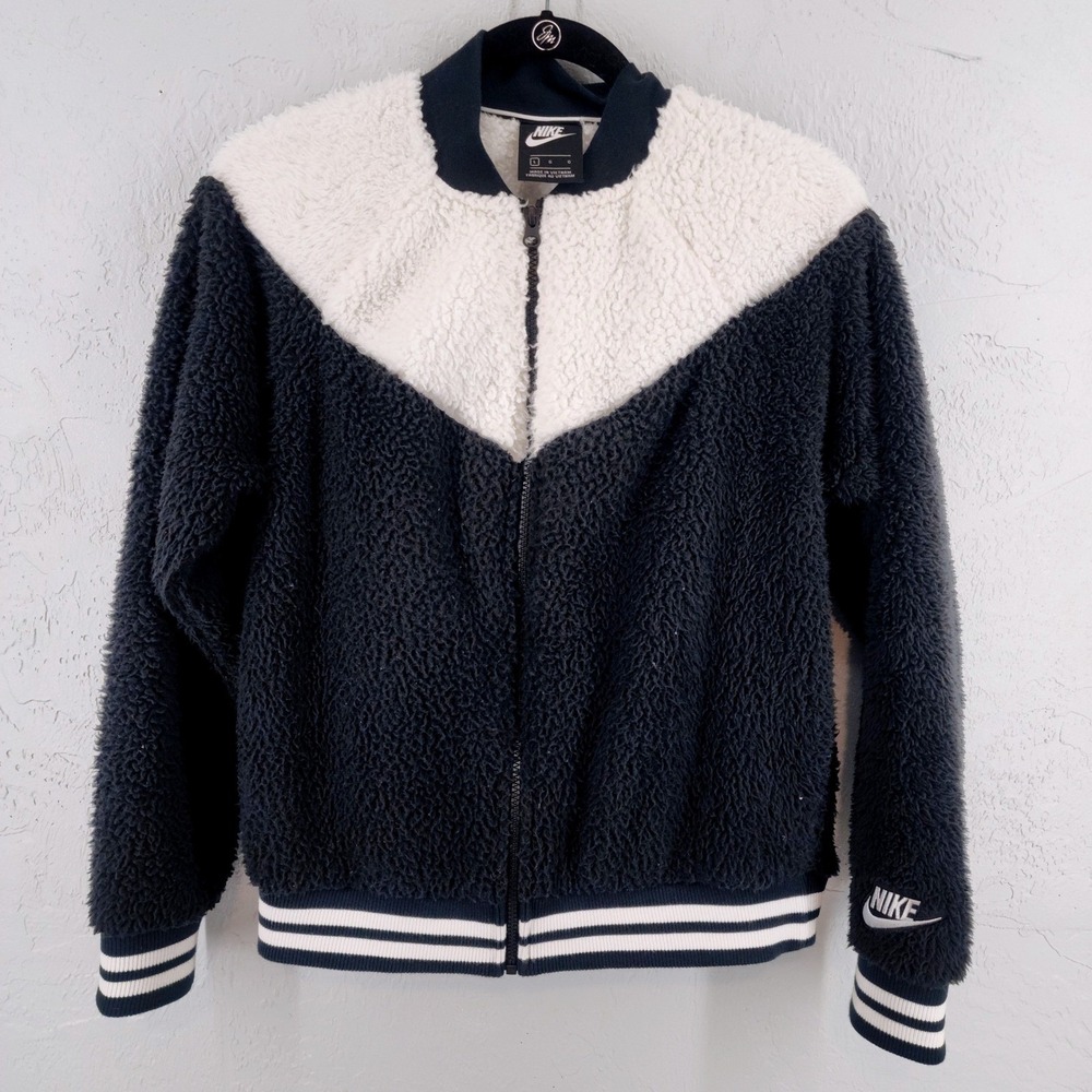 Nike Womens Large | Black White Sherpa Fleece Full Zip Bomber Jacket